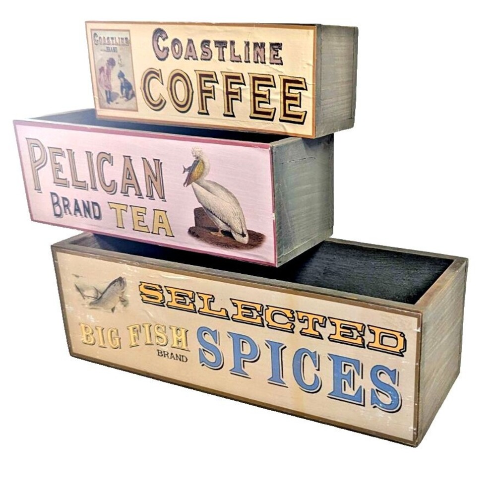 Decorative Wood Boxes 3pc Rectangle Spice Coffee Tea Labels Rustic Storage Gift - Picture 4 of 10